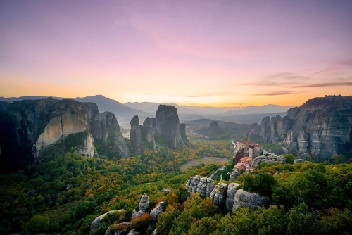 beautiful meteora greece sunset view