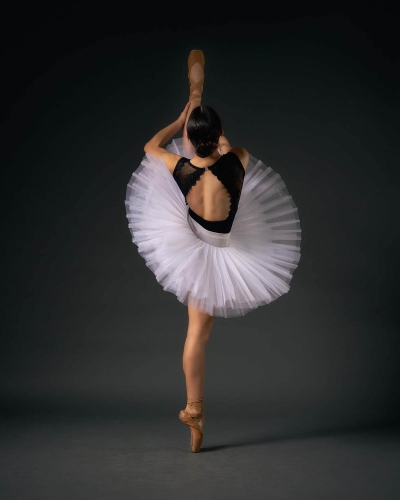 Ballerina captured mid-spin, highlighting movement and grace.