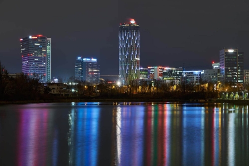 Business district of bucharest photographed at night